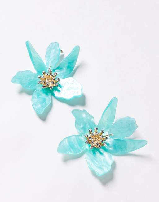 Kaiia oversized diamante acrylic flower earrings in light blue