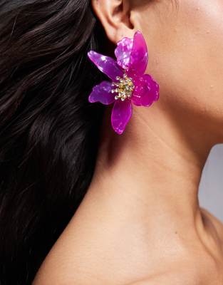 oversized diamante acrylic flower earrings in purple