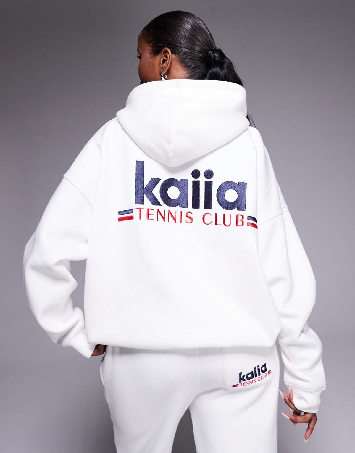 Kaiia oversized embroidered tennis club logo hoodie co-ord in white and navy