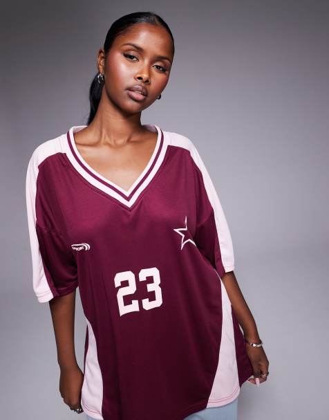 Kaiia oversized football jersey T-shirt in burgundy and pink - view 1