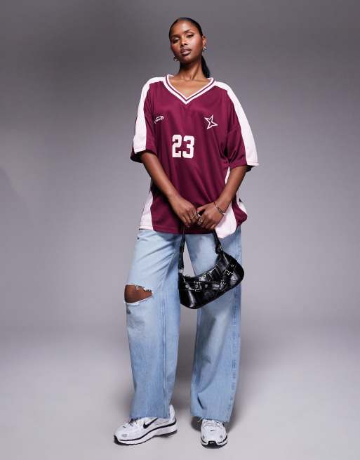 Kaiia oversized football jersey T-shirt in burgundy and pink