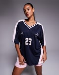 [Kaiia] Kaiia oversized football jersey t-shirt in navy and pink 14 NAVY AND BABY PINK