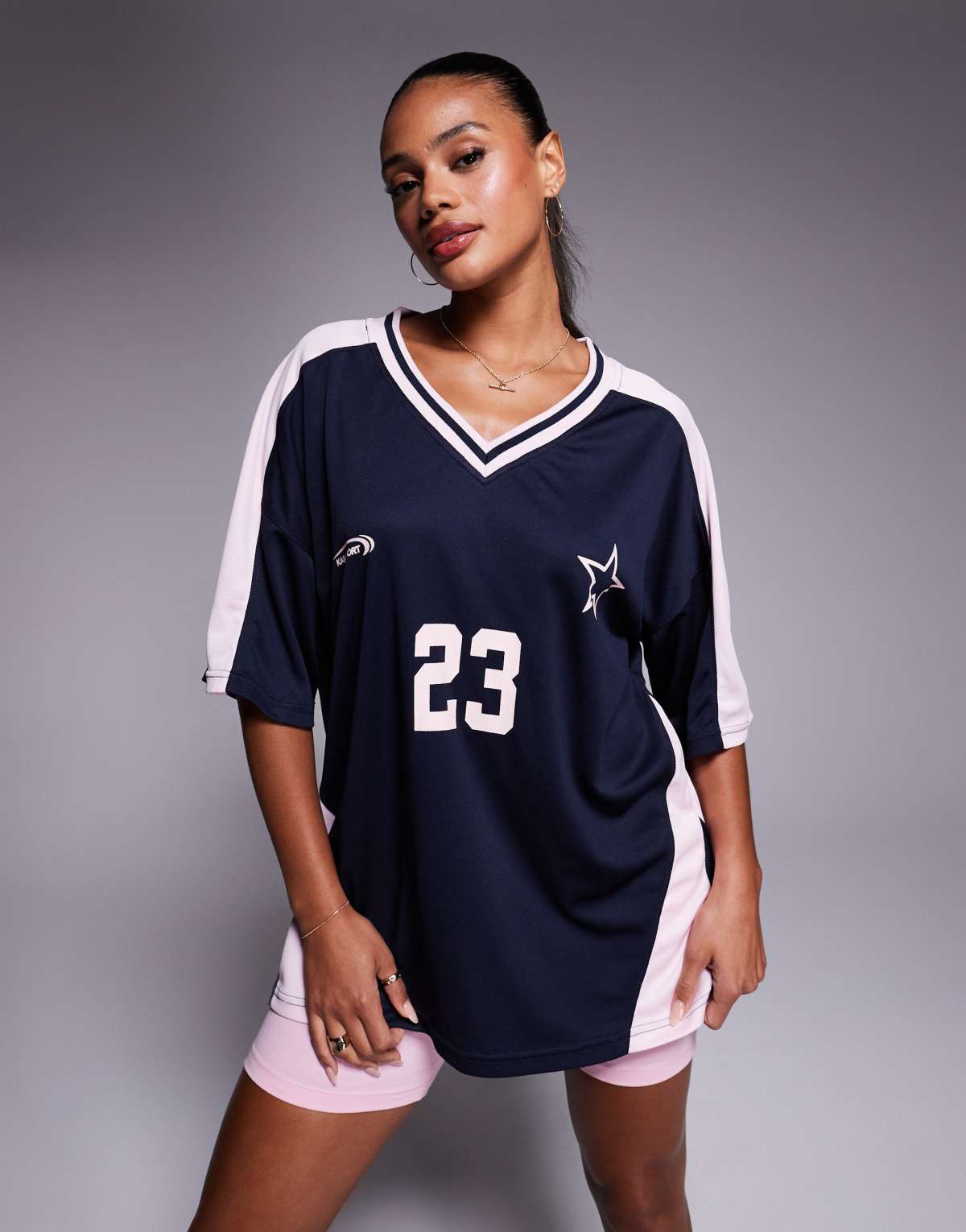 Kaiia oversized football jersey t-shirt in navy and pink