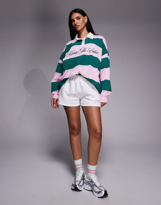 Kaiia - Oversized gestreept rugbyshirt met geborduurd logo in babyroze en groen, 2 van 4