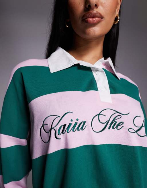 Kaiia - Oversized gestreept rugbyshirt met geborduurd logo in babyroze en groen, 3 van 4