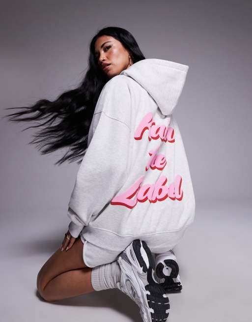 Kaiia - Oversized hoodie met bolle logoprint in licht grijs gemêleerd en babyroze, deel van co-ord set