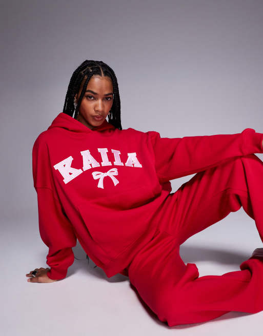 Kaiia - Oversized hoodie met geborduurd striklogo in rood en roze, deel van co-ord set
