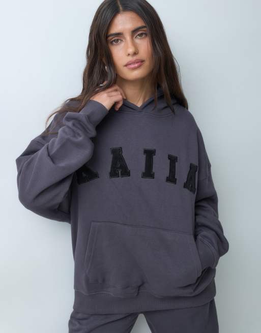 Kaiia - Oversized hoodie van katoenmix met logo in donkergrijs, deel van co-ord set  , 2 van 4