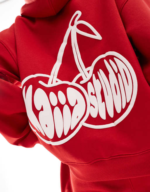 Kaiia - Oversized hættetrøje med kirsebærprint på ryggen i rød - Del af sæt, 4 af 4