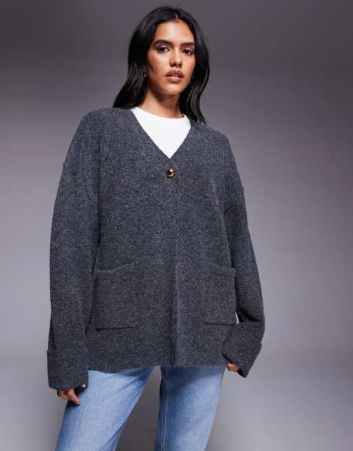 Kaiia oversized knitted gold button detail longline cardigan in charcoal