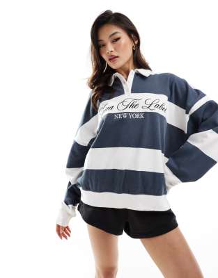 Kaiia Oversized Logo Rugby Top In Navy And White Stripe-multi