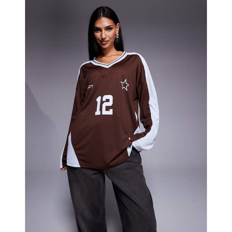 Kaiia oversized long sleeve football jersey in brown and blue | ASOS