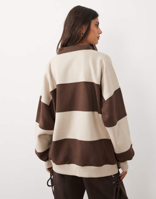 Kaiia oversized long sleeve rugby sweatshirt in chocolate and beige stripes, 3 of 4