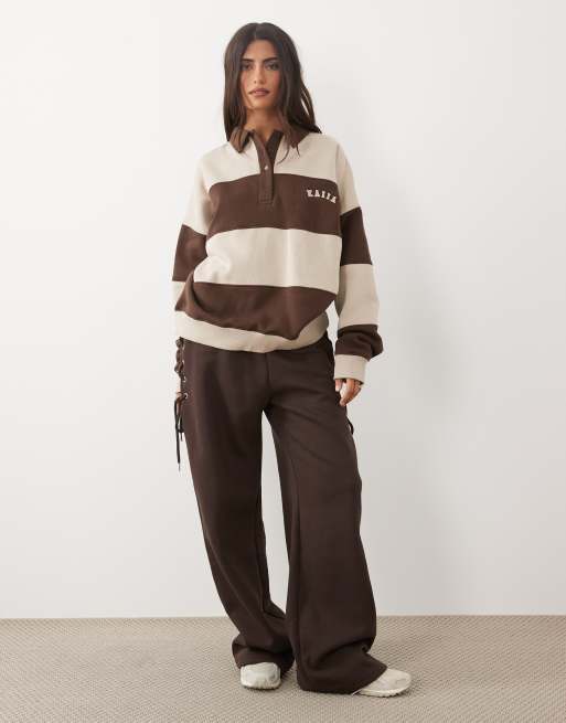 Kaiia oversized long sleeve rugby sweatshirt in chocolate and beige stripes, 4 of 4
