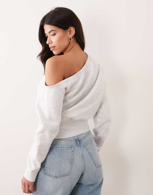 Kaiia - Oversized lysegråmeleret oneshoulder-sweatshirt, 3 af 4