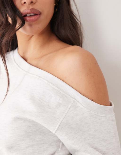 Kaiia - Oversized lysegråmeleret oneshoulder-sweatshirt, 4 af 4