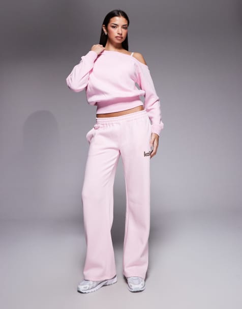 Kaiia oversized one shoulder sweatshirt and wide leg trackies set in baby pink - view 1