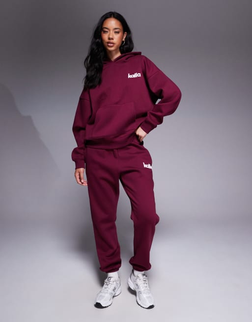 Kaiia oversized striped rugby top, baby tee, hoodie, and sweatpants set in burgundy and pink