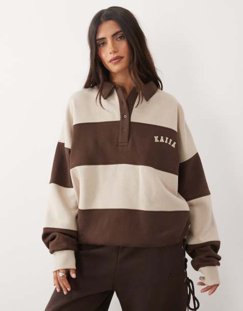 Kaiia oversized sweatshirt med lange ærmer og rugby-look i chokolade- og beige stribe - view 1
