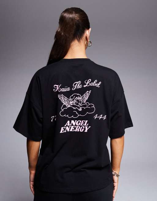 Kaiia - Oversized T-shirt met engellogo in zwart en roze, deel van co-ord set, 4 van 4
