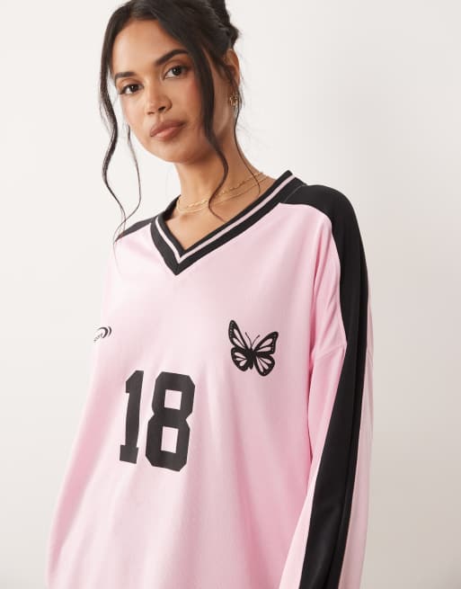 Kaiia - Oversized voetbalshirt met lange mouwen in babyroze en zwart, 3 van 4