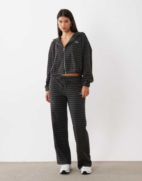 Kaiia oversized zip through fleece hoodie and pants set in navy and cream stripe - view 1