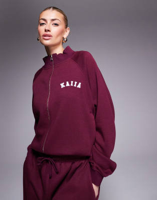 Kaiia Oversized Zip Up Contrast Logo Bomber Style Sweatshirt