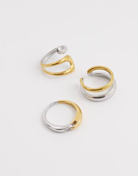 Kaiia - Pakke med 3 par chunky hoop-øreringe i rustfrit stål med 18k guldbelægning og blandet metaldesign - Kun hos ASOS - view 1