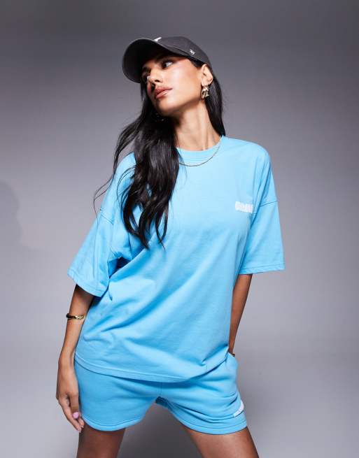 Kaiia - Pangblå oversized T-shirt med puffet logoprint - Del af sæt