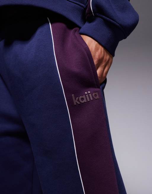 Kaiia - Pantalon de jogging ample d'ensemble en coton majoritaire avec bande latérale contrastante - Bleu marine et bordeaux  , 5 de 6