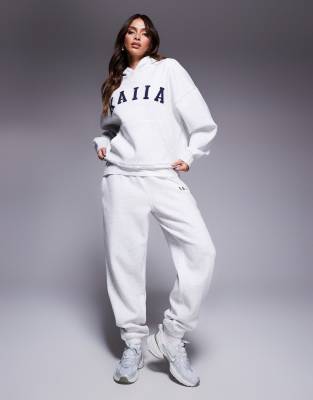 Pantalon de jogging d'ensemble à revers en coton mélangé avec logo brodé - Gris clair chiné 46