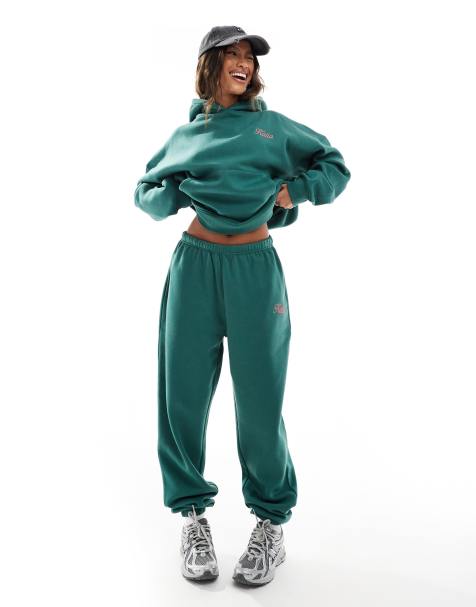 Kaiia - Pantalon de jogging d'ensemble à revers en coton mélangé avec logo rose - Vert foncé - view 1