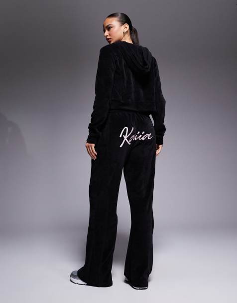 Kaiia - Pantalon de jogging d'ensemble ample en velours à logo brodé - Noir et rose pastel - view 1