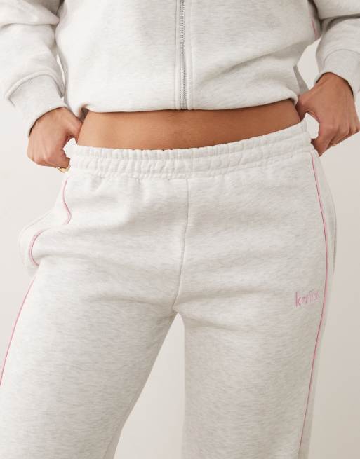 Kaiia - Pantalon de jogging d'ensemble large en coton majoritaire avec logo brodé - Gris chiné et rose pastel, 3 de 5