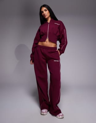 Pantalon de jogging large d'ensemble à bandes latérales sportives en coton majoritaire - Bordeaux et rose pastel-Rouge 32