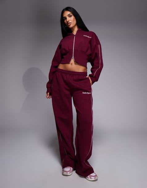 Kaiia - Pantalon de jogging large d'ensemble à bandes latérales sportives en coton majoritaire - Bordeaux et rose pastel - view 1