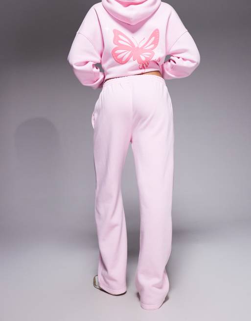 Kaiia - Pantalon de jogging large d'ensemble en coton majoritaire à logo imprimé en relief - Rose pastel et corail, 5 de 5