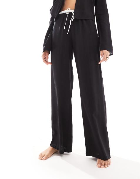 Kaiia - Pantalon de plage d'ensemble ample en lin avec bords contrastants et cordon de serrage - Noir - view 1