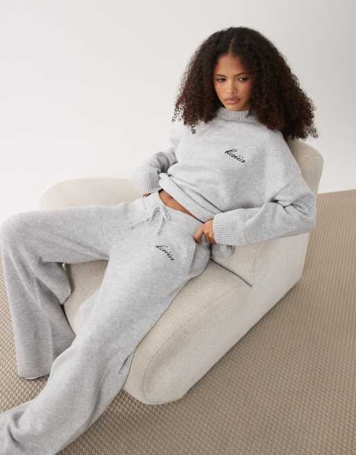 Kaiia - Pantalon d'ensemble ample en maille avec broderie logo - Gris clair, 2 de 6