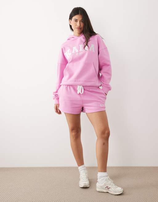 Kaiia - Pantaloncini della tuta rosa chiaro in misto cotone con logo ricamato in coordinato, 2 di 5