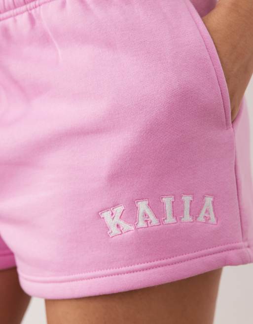 Kaiia - Pantaloncini della tuta rosa chiaro in misto cotone con logo ricamato in coordinato, 4 di 5