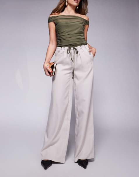 Kaiia - Pantaloni a fondo ampio color pietra con fascia in vita a contrasto con coulisse - view 1