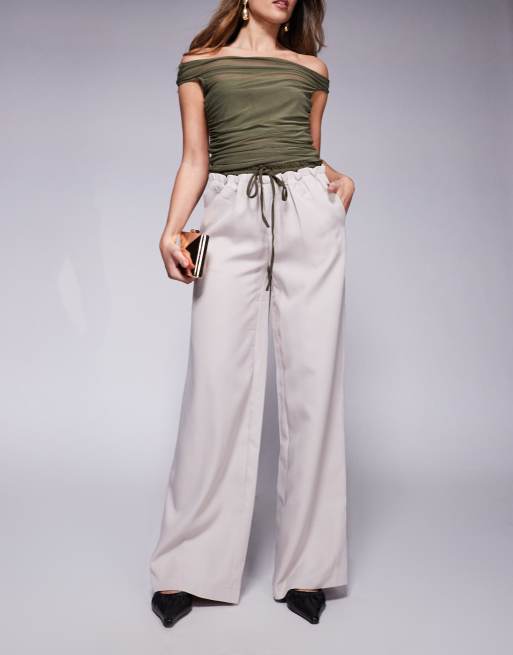 Kaiia - Pantaloni a fondo ampio color pietra con fascia in vita a contrasto con coulisse