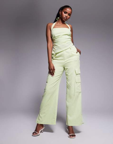 Kaiia - Pantaloni cargo con tasche effetto lino verde mela in coordinato - view 1
