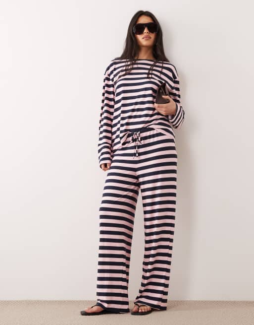 Kaiia - Coordinato in jersey super soffice rosa e blu navy a righe con pantaloni, pantaloncini, top a maniche lunghe e top senza maniche, 2 di 5