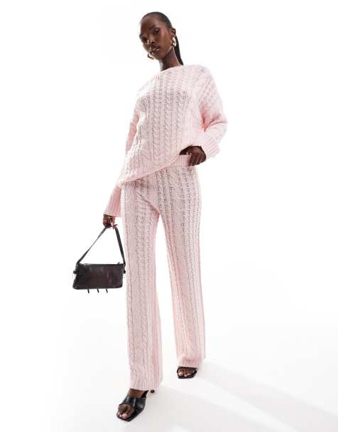 Kaiia - Pantaloni dritti in maglia lavorata a trecce rosa in coordinato - view 1