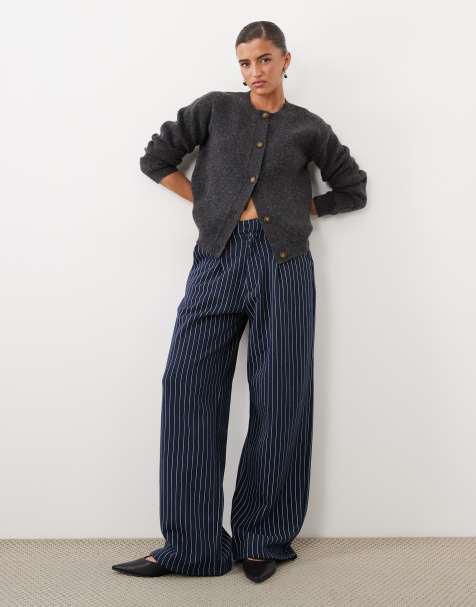 Kaiia pantaloni jogger sartoriali a gamba larga in pile a righe sottili navy - view 1