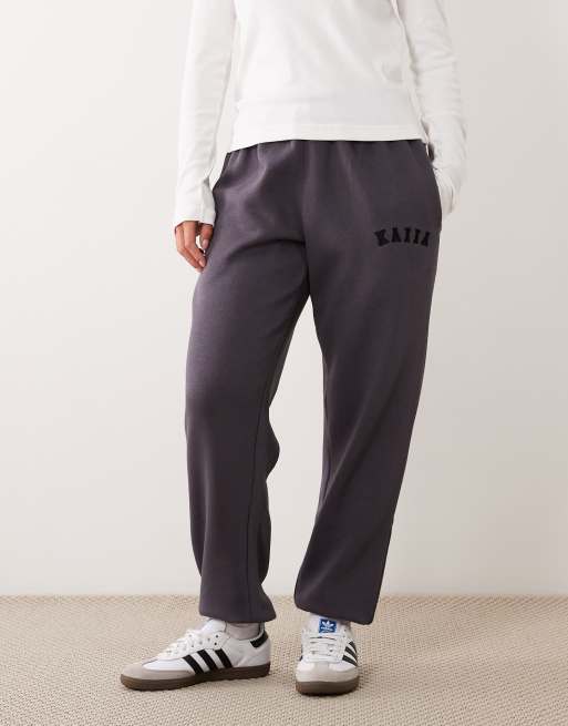 Kaiia Petite cotton blend embroidered logo cuffed sweatpants in dark gray, 2 of 5