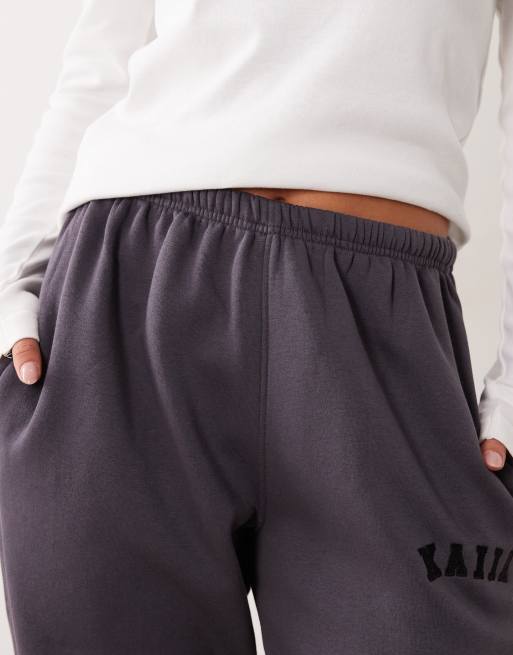 Kaiia Petite cotton blend embroidered logo cuffed sweatpants in dark gray, 3 of 5