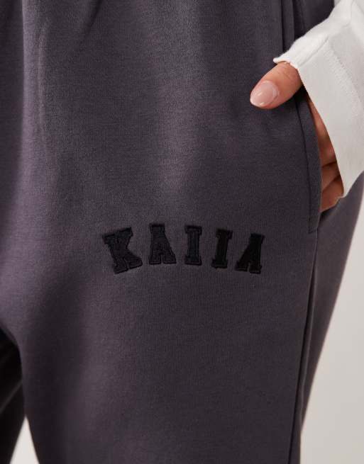Kaiia Petite cotton blend embroidered logo cuffed sweatpants in dark gray, 5 of 5